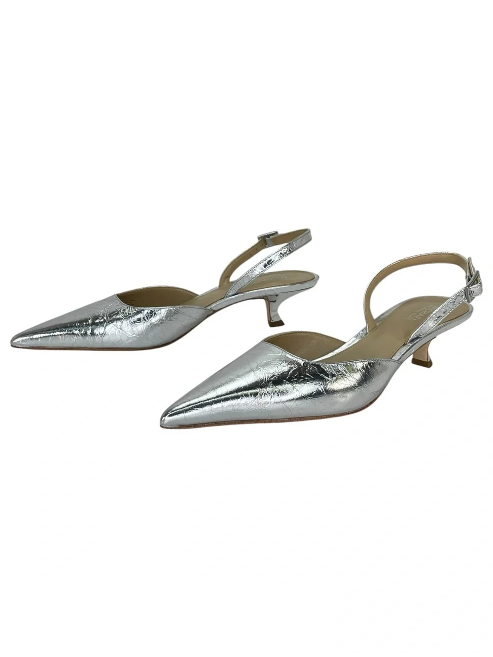 Michael Kors Luna Silver Leather Slingback Womens Kitten Heels Size 7.5M
